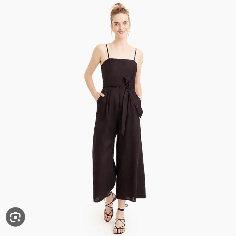 J.Crew Black Linen Jumpsuit Tie Waist Size 2 Cropped Belted